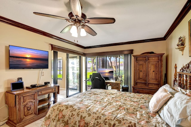 bedroom featuring ceiling fan, access to outside, ornamental molding, and light tile patterned floors