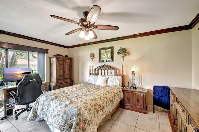 bedroom featuring light tile patterned floors, a ceiling fan, and crown molding