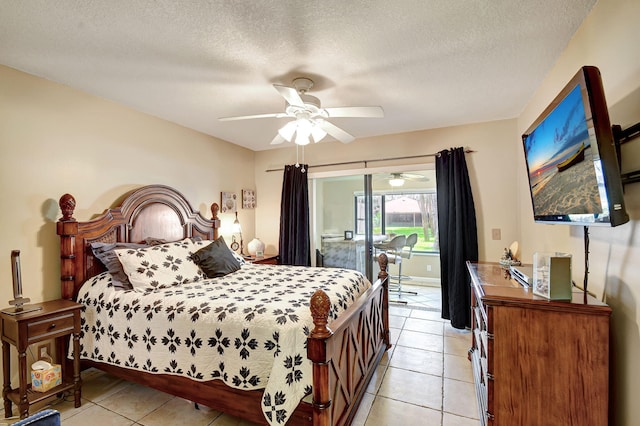 bedroom with light tile patterned floors, access to outside, a textured ceiling, and ceiling fan