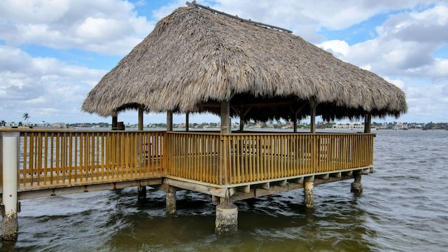 dock area featuring a water view and a gazebo