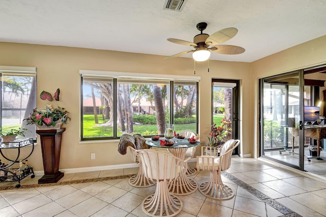 dining area with baseboards, visible vents, a ceiling fan, and light tile patterned flooring