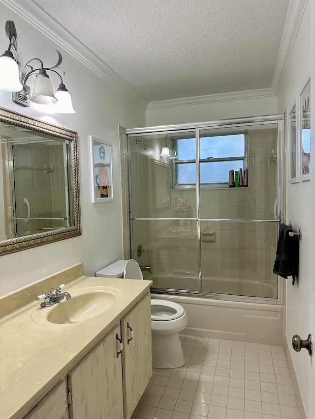 full bathroom with tile patterned floors, ornamental molding, a textured ceiling, bath / shower combo with glass door, and toilet