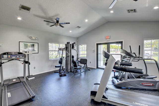 exercise room with a wealth of natural light, ceiling fan, a textured ceiling, and lofted ceiling