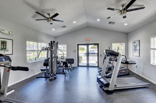 gym featuring french doors, vaulted ceiling, ceiling fan, and a textured ceiling