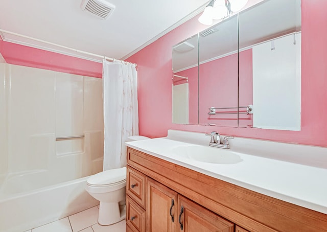 full bathroom featuring tile patterned floors, shower / tub combo with curtain, vanity, and toilet