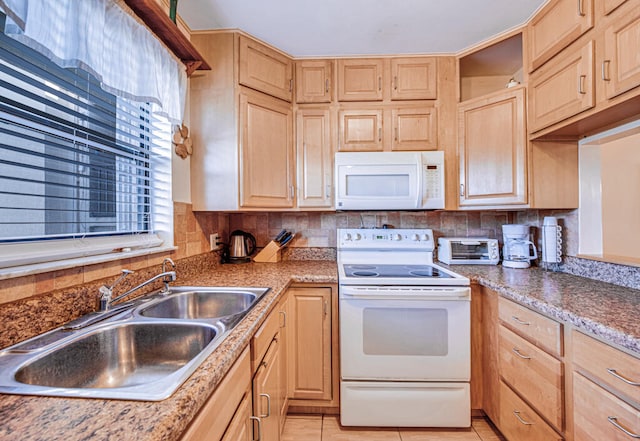 kitchen featuring backsplash, light brown cabinetry, white appliances, and sink