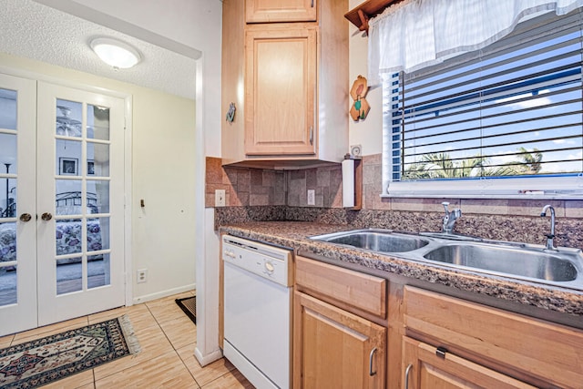 kitchen featuring dishwasher, french doors, light brown cabinets, tasteful backsplash, and a textured ceiling