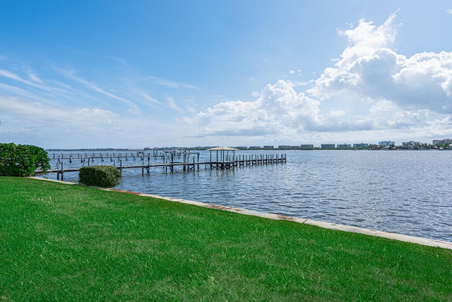 dock area with a water view and a yard