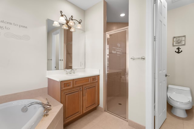 full bathroom featuring toilet, vanity, tile patterned floors, and plus walk in shower