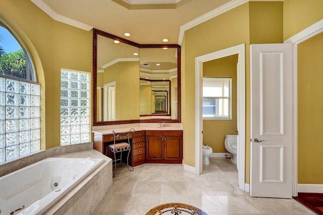 bathroom with ornamental molding, a wealth of natural light, and a bidet