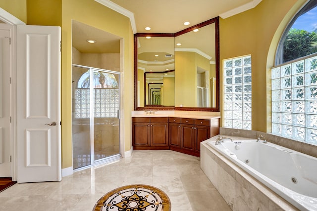 bathroom featuring plenty of natural light, vanity, and crown molding