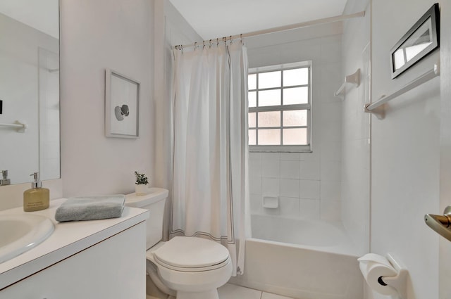 full bathroom featuring tile patterned floors, vanity, shower / bathtub combination with curtain, and toilet