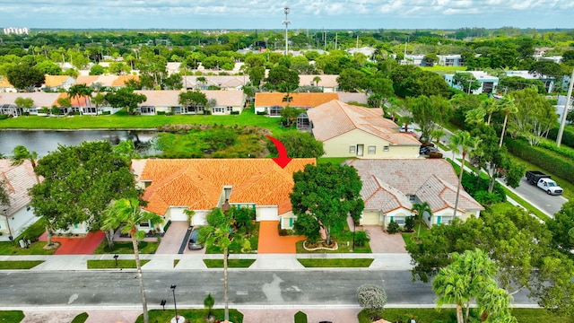 drone / aerial view featuring a water view