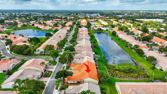 drone / aerial view featuring a water view