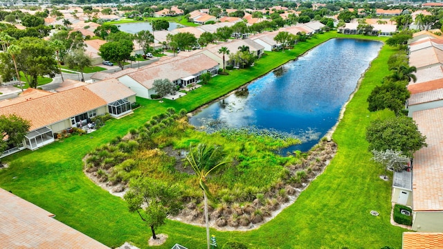 drone / aerial view featuring a water view