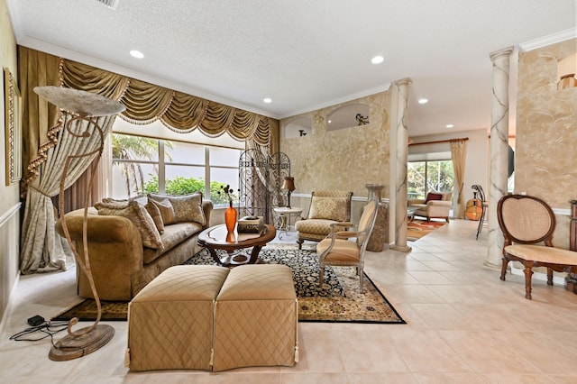 living room with crown molding, light tile patterned floors, and a textured ceiling