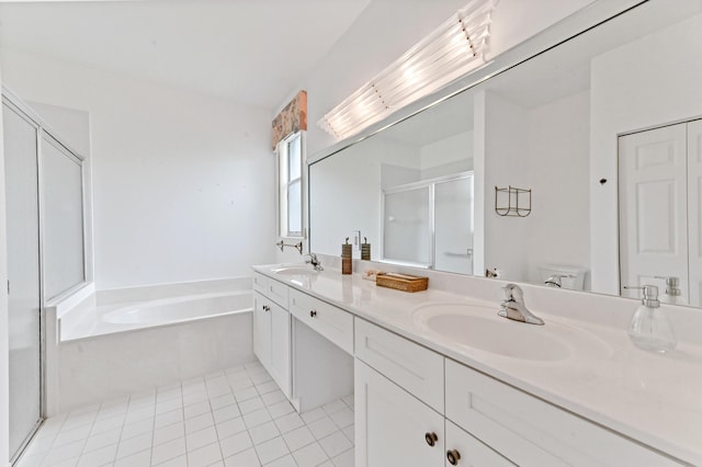 full bathroom featuring tile patterned flooring, vanity, separate shower and tub, and toilet