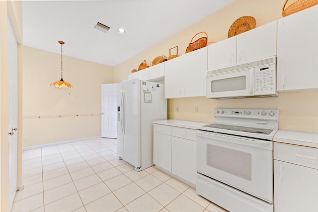 kitchen with light tile patterned floors, white appliances, white cabinetry, and hanging light fixtures