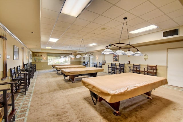 game room with carpet flooring, a paneled ceiling, and pool table