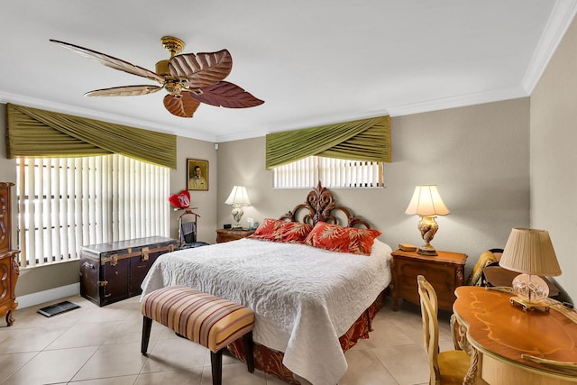 tiled bedroom featuring ornamental molding and ceiling fan