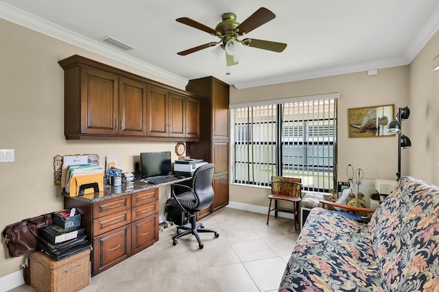 tiled home office with ceiling fan and crown molding