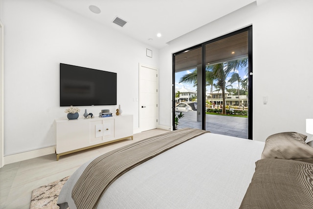 bedroom with access to outside, visible vents, baseboards, and recessed lighting