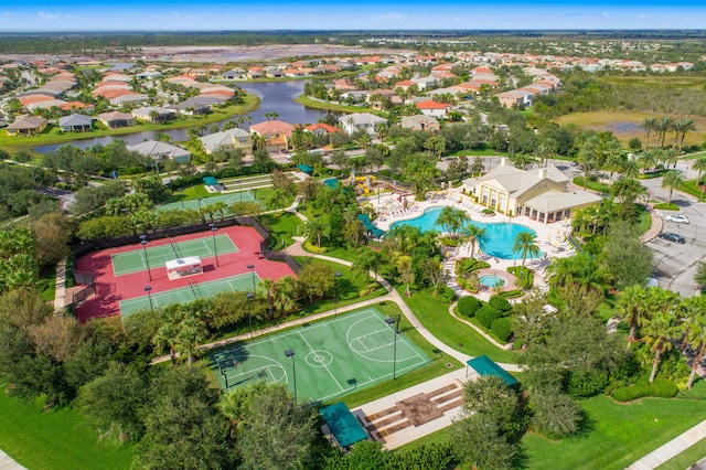 drone / aerial view with a water view