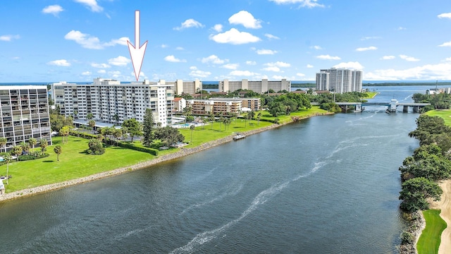 drone / aerial view featuring a water view