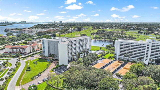 bird's eye view with a water view