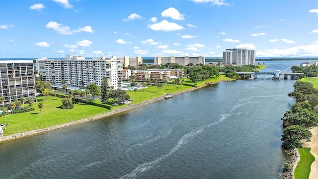 bird's eye view with a water view