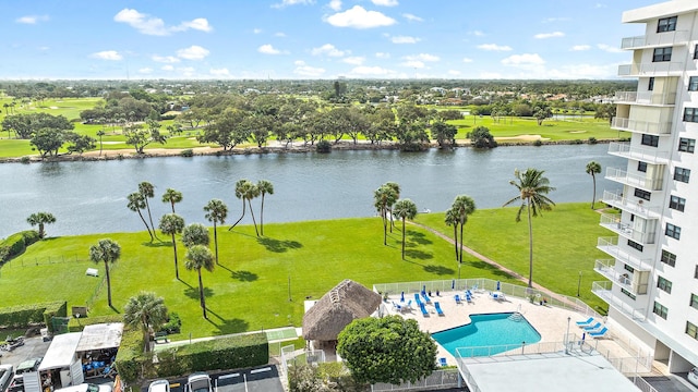 drone / aerial view with a water view