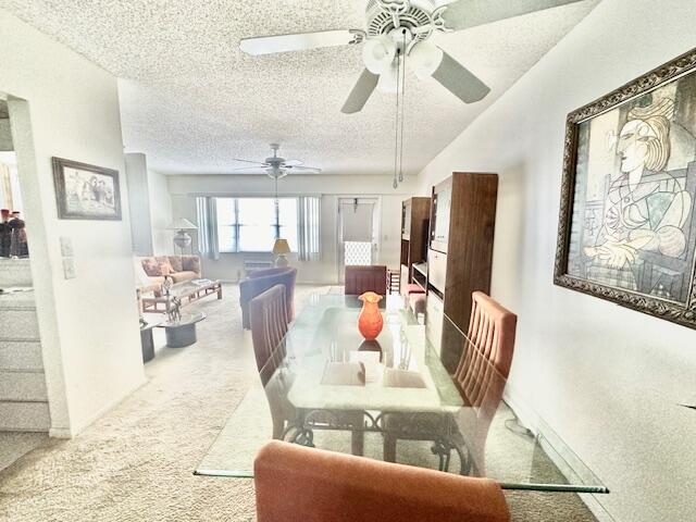 dining space with carpet, a textured ceiling, and ceiling fan