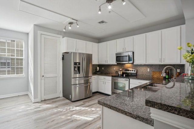 kitchen featuring kitchen peninsula, appliances with stainless steel finishes, decorative backsplash, sink, and white cabinetry