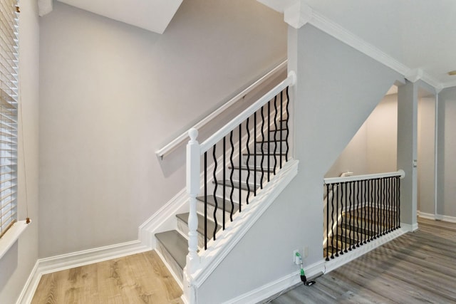 staircase featuring hardwood / wood-style floors and crown molding