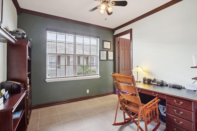 tiled office space featuring built in desk, a healthy amount of sunlight, and ornamental molding