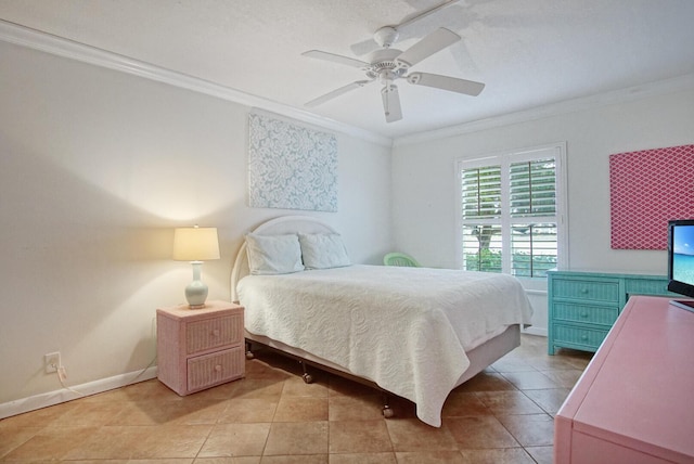 tiled bedroom featuring ceiling fan and ornamental molding