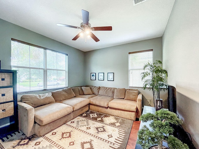 living room with ceiling fan and wood-type flooring