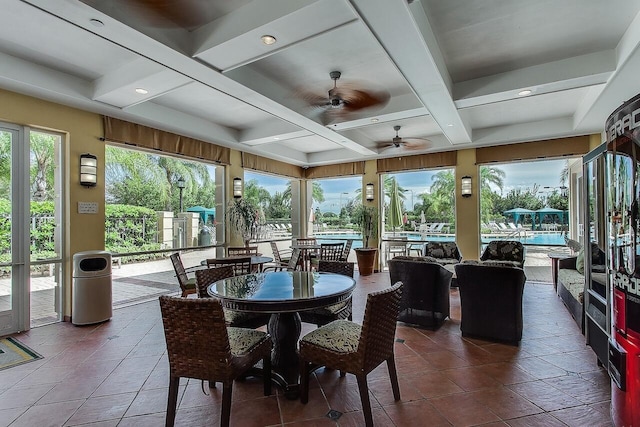 sunroom / solarium with a wealth of natural light, beamed ceiling, ceiling fan, and coffered ceiling