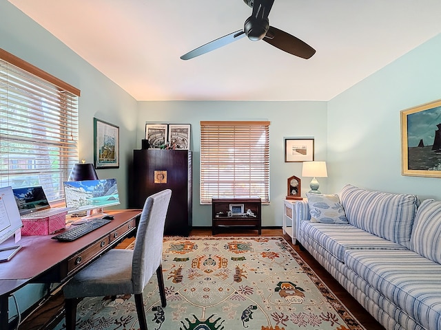 home office featuring ceiling fan and wood-type flooring