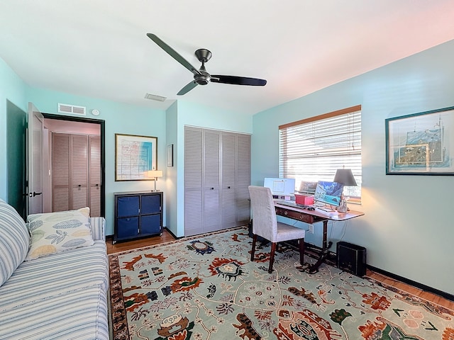 533 SE 28th Cir Unit 533, Boynton Beach, FL 33435 - office area featuring ceiling fan, wood finished floors, and baseboards