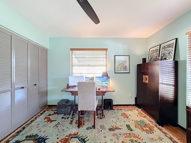 dining area with ceiling fan and light hardwood / wood-style flooring