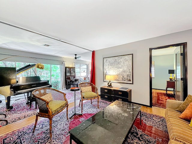 living room featuring ceiling fan and wood-type flooring