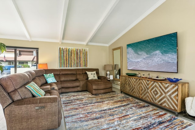 living room featuring vaulted ceiling with beams