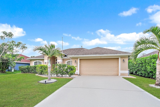 ranch-style house with a garage and a front lawn