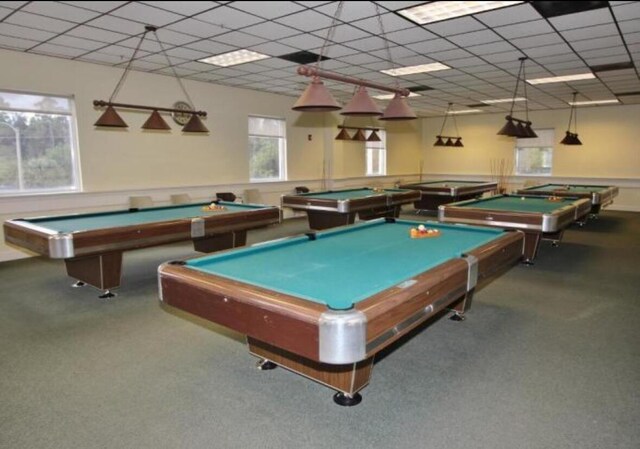 206 Dorchester Unit I, West Palm Beach, FL 33417 - recreation room featuring billiards, healthy amount of natural light, a drop ceiling, and carpet