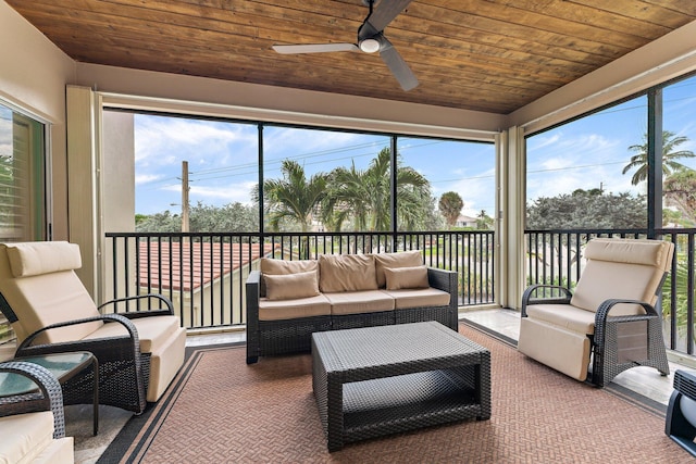 sunroom with ceiling fan and wood ceiling