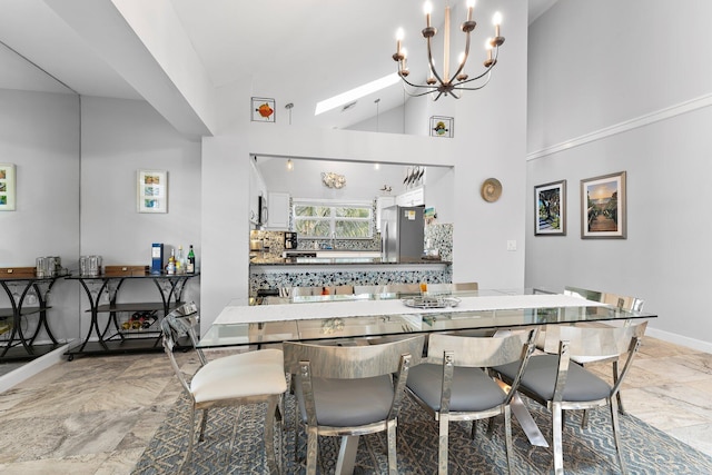 dining room with vaulted ceiling and a notable chandelier