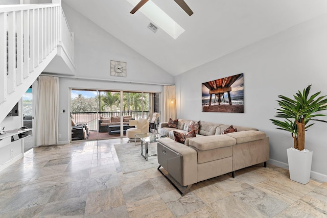 living room featuring high vaulted ceiling and ceiling fan