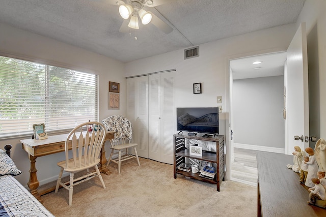 office with ceiling fan, light carpet, a textured ceiling, and a wealth of natural light