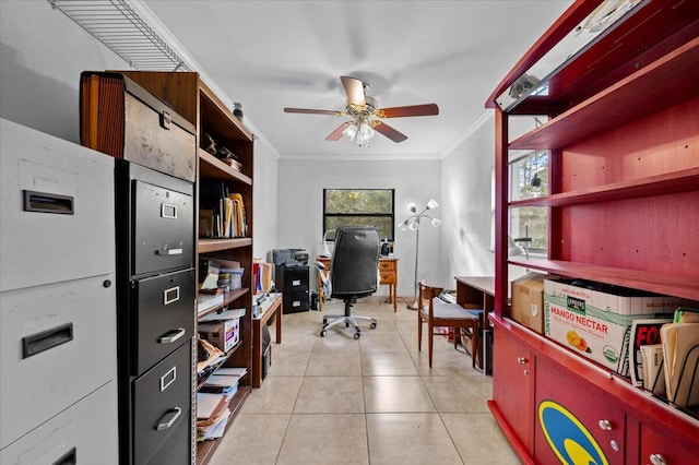 tiled office with ceiling fan and crown molding